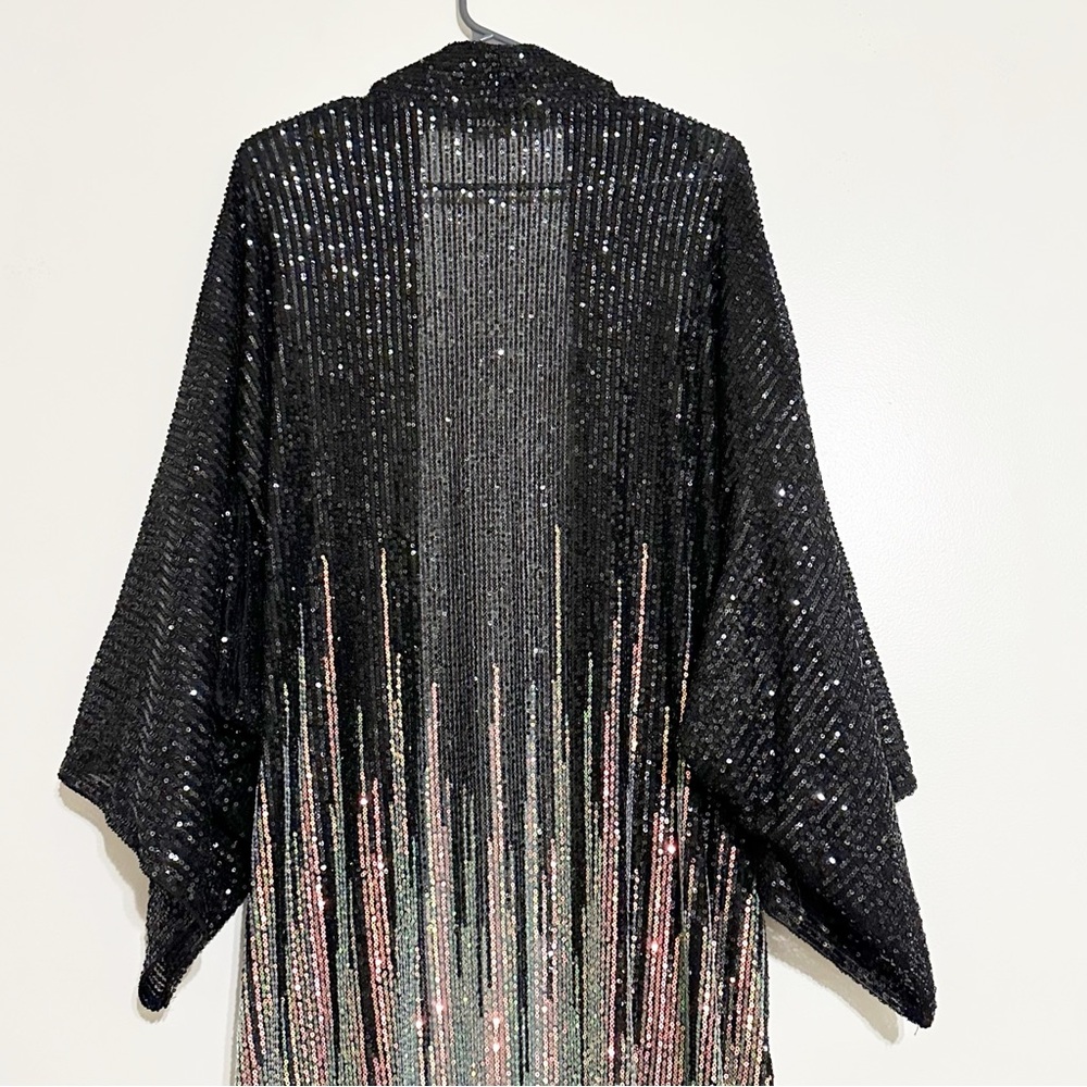 Free People Party On Sequin Kimono Jacket Duster In Color Black Combo - Picture 8 of 10